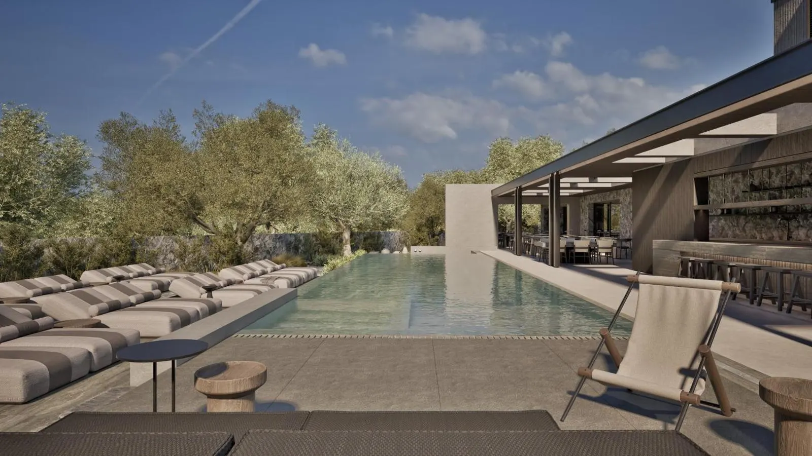 Poolside lounge area with bar and olive trees