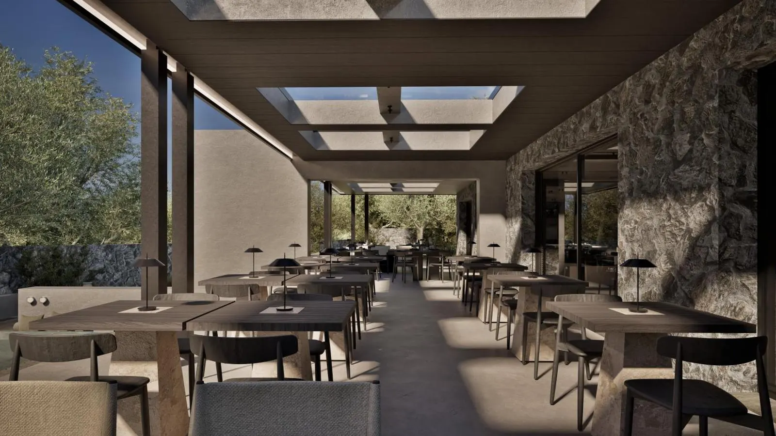 Outdoor restaurant terrace with dining tables