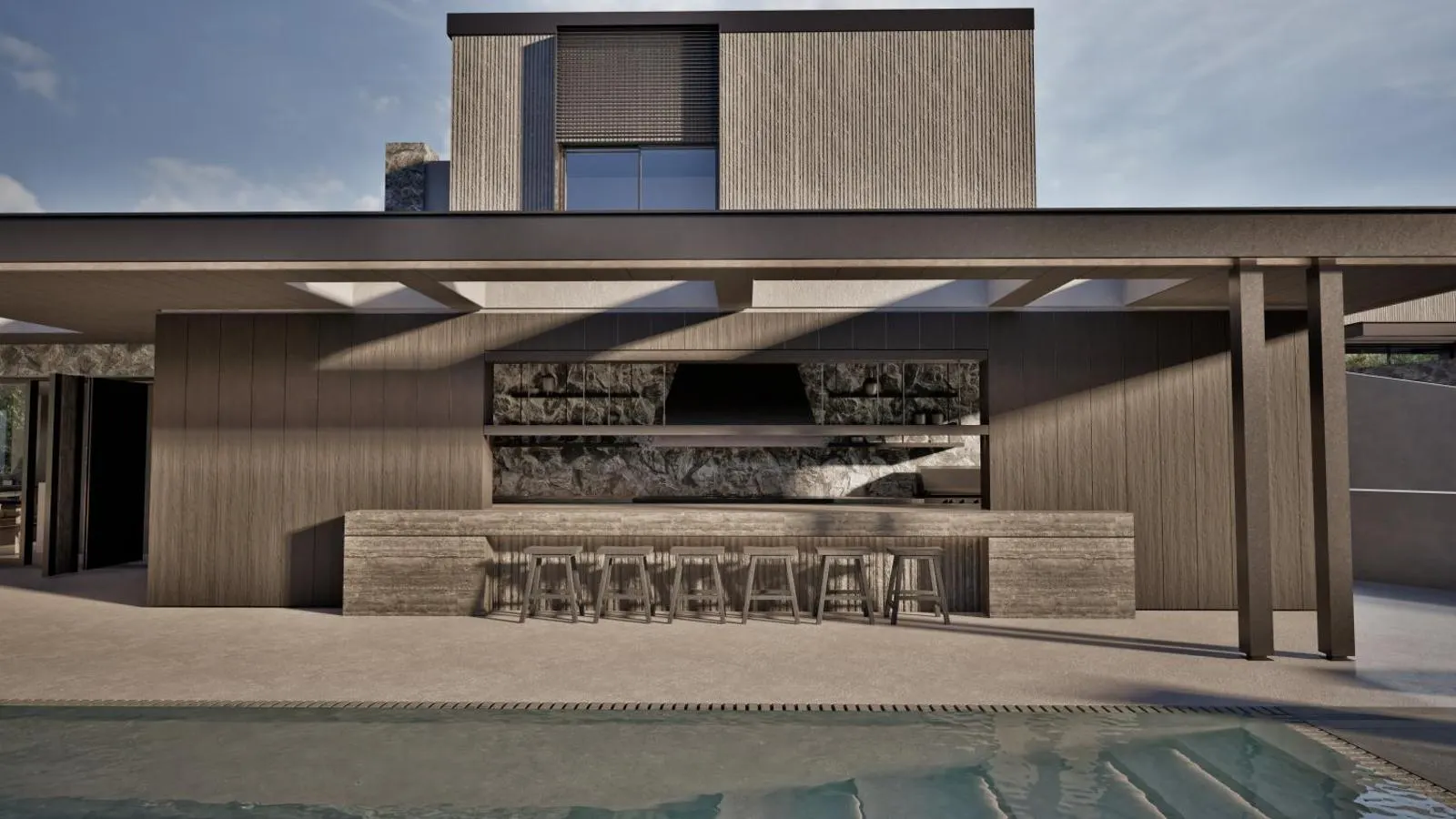 Poolside bar with stools and shelving