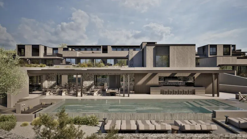Modern hotel exterior with infinity pool and loungers