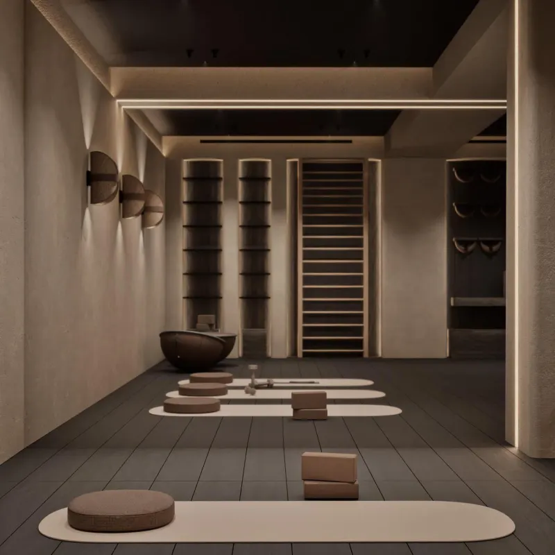 Dim wellness studio with floor cushions
