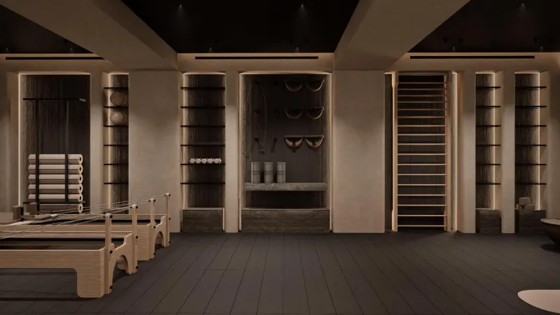 Pilates studio with wooden reformers and shelving