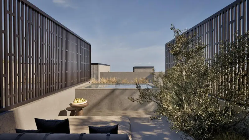 Courtyard with slatted walls and fire pit