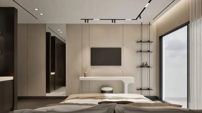 Bedroom with tv desk and large window
