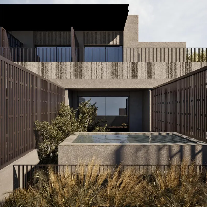 Exterior courtyard with plunge pool and grasses