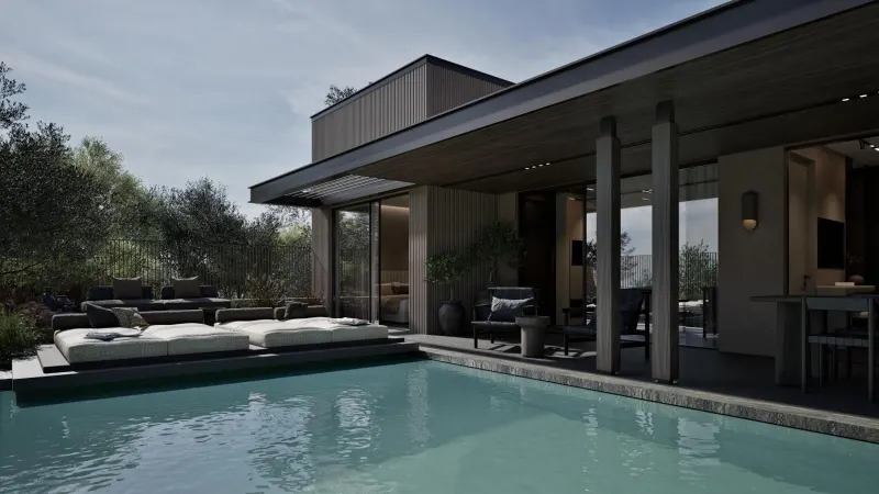 Contemporary building with pool and lounge deck