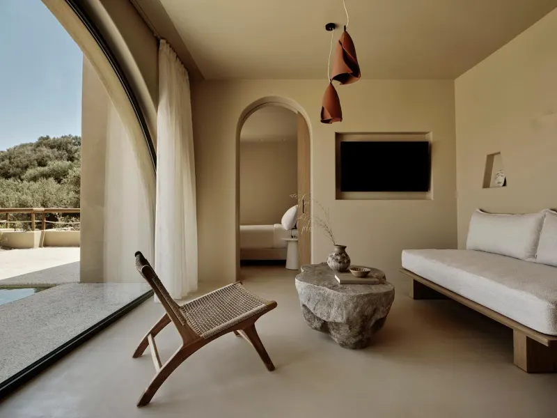 Minimalist living area with terrace and TV