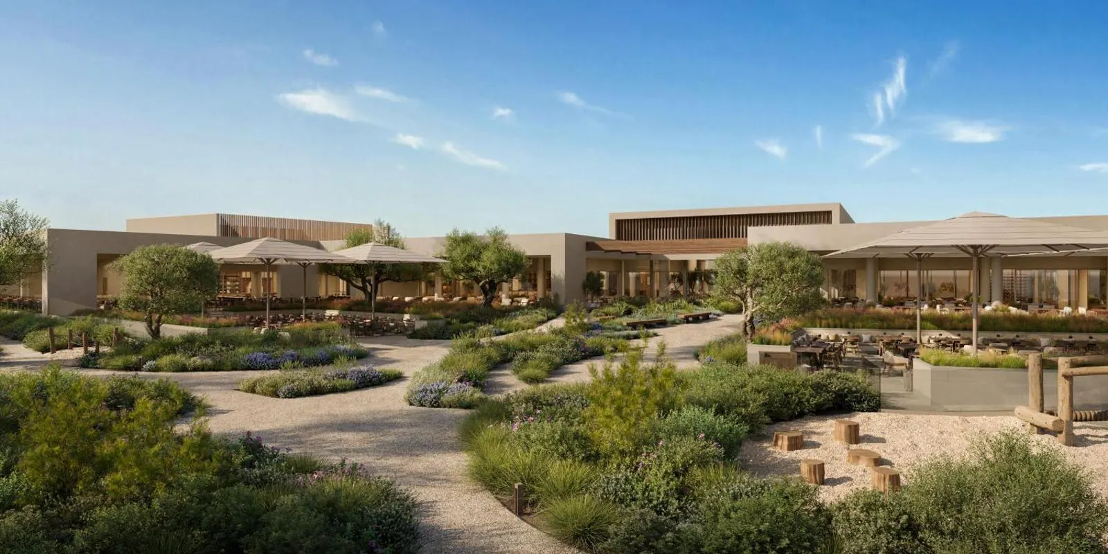 Landscaped courtyard leading to resort entrance