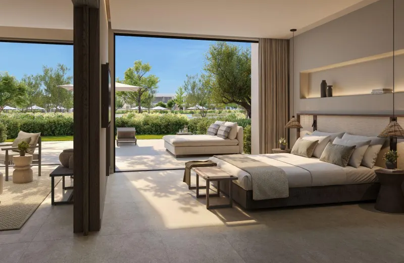 Bedroom with chaise lounge and open terrace