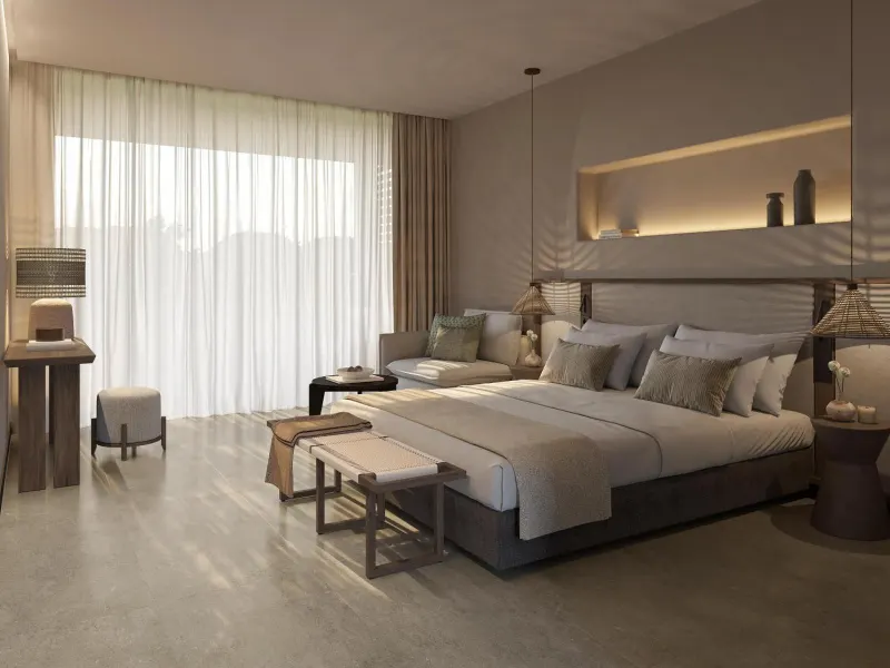 Bedroom with soft lighting and neutral tones