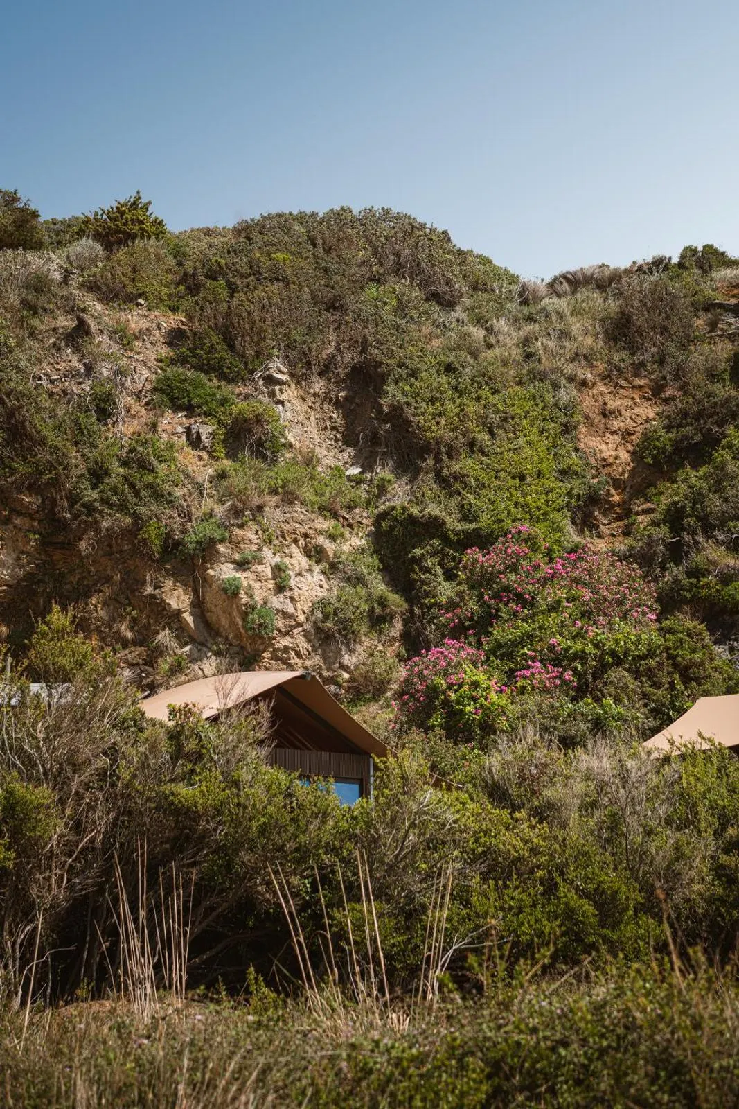 Tented villa roof nestled among green hillside shrubs