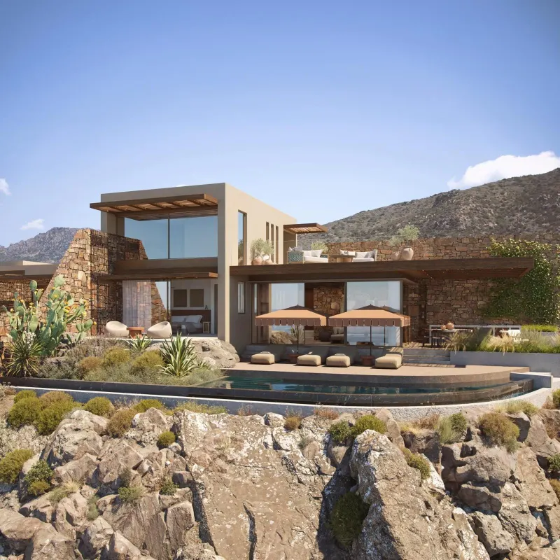 Rendering of villa with pool amid rocky terrain