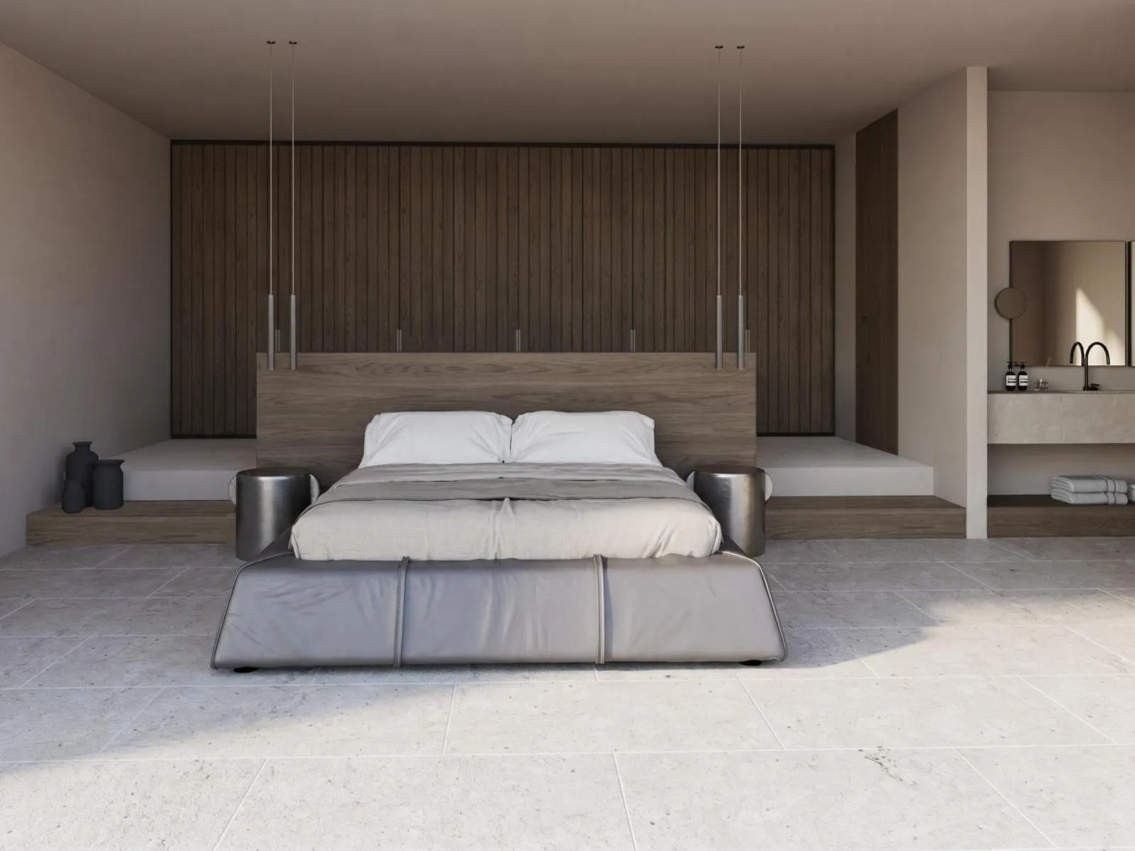 Minimalist bedroom with wooden accent wall