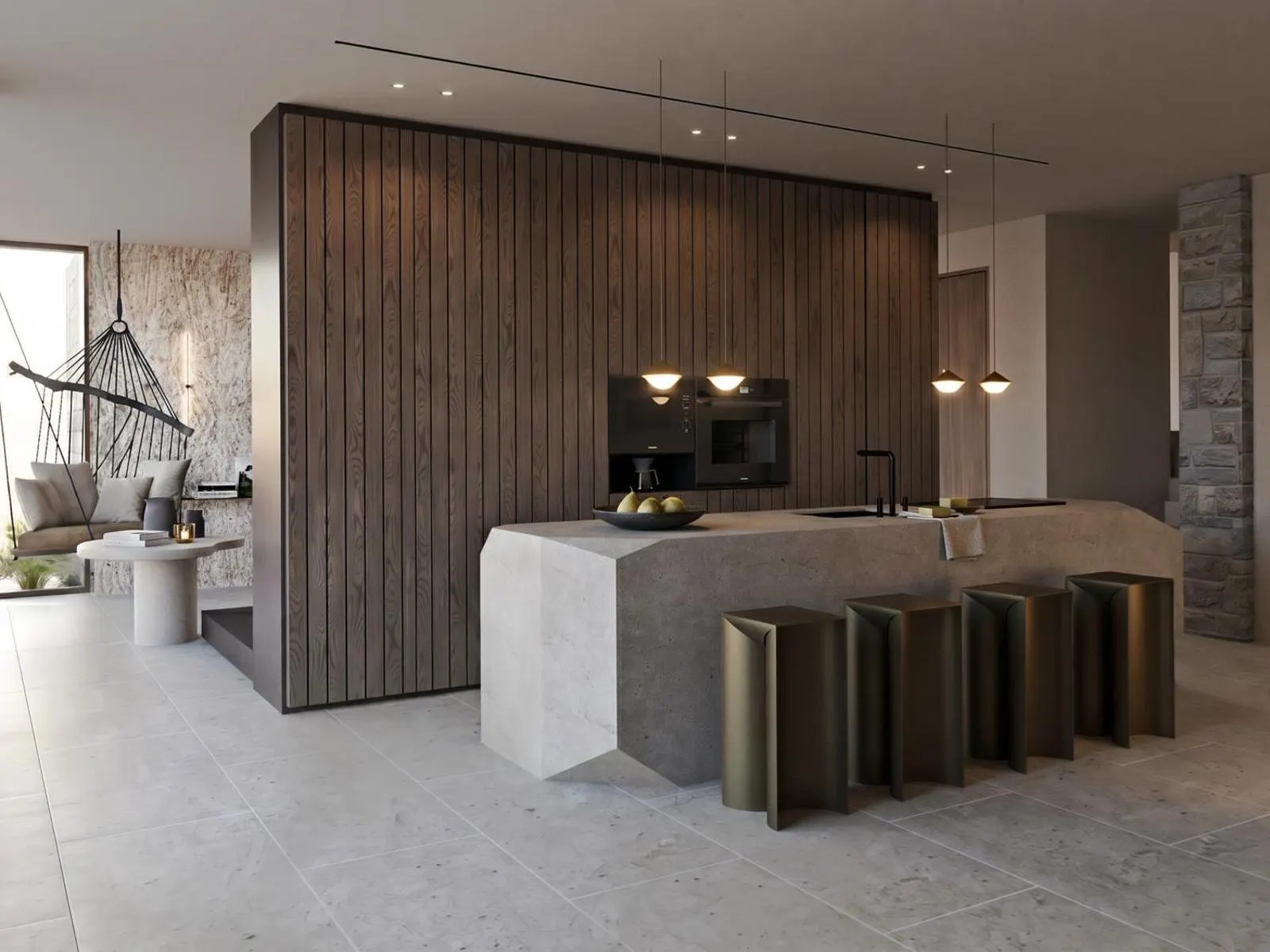 Modern kitchen with concrete island and bar stools