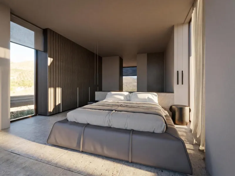 Bright bedroom with mountain view through glass wall
