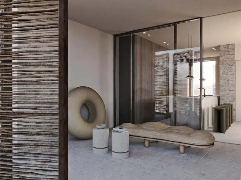 Spa-like room with stone stools and daybed