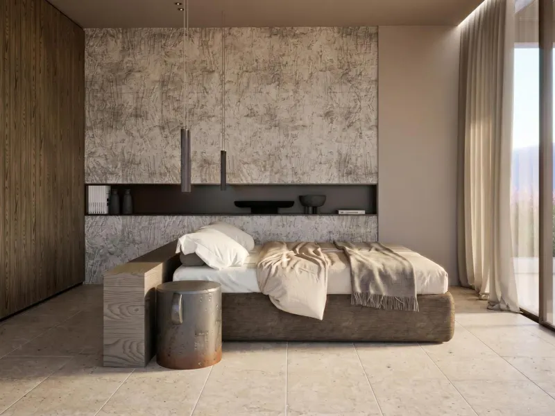 Bedroom with textured metallic accent wall