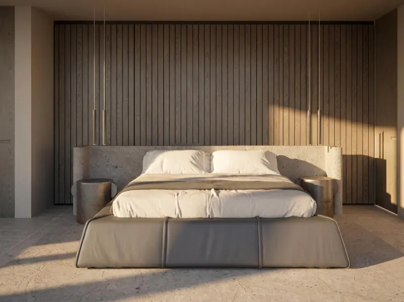 Bedroom with slatted wood wall and sunlight