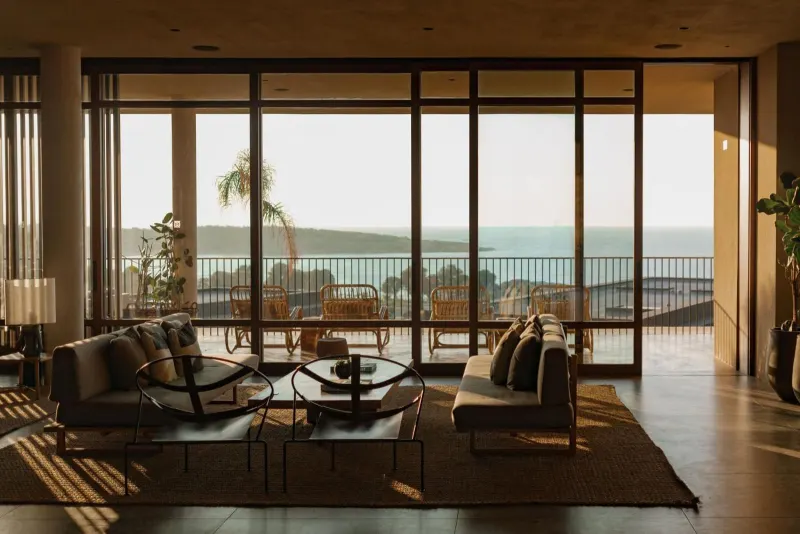 Lounge with panoramic sea view through large windows