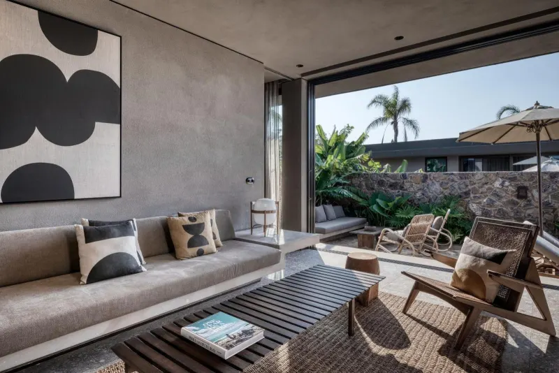 Cozy terrace lounge with modern art and seating