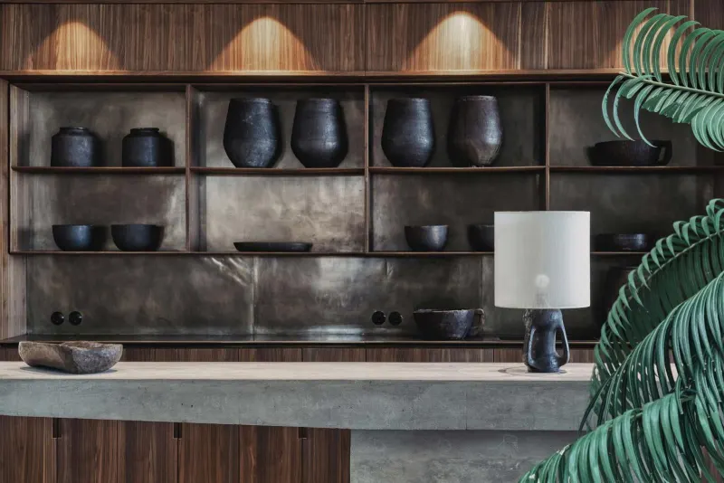 Decorative dark vases on wooden shelf display