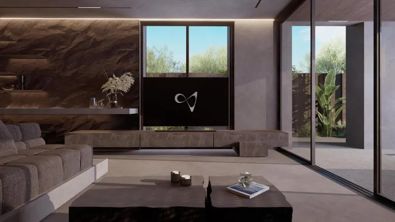 Modern living room with stone wall and city view
