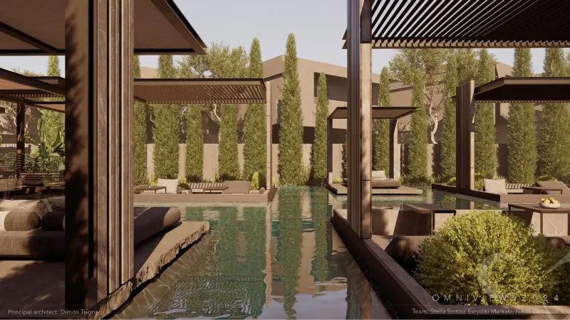 Rendered pool courtyard surrounded by greenery and arches