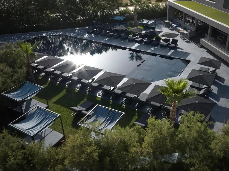 Aerial view of pool deck with loungers and greenery