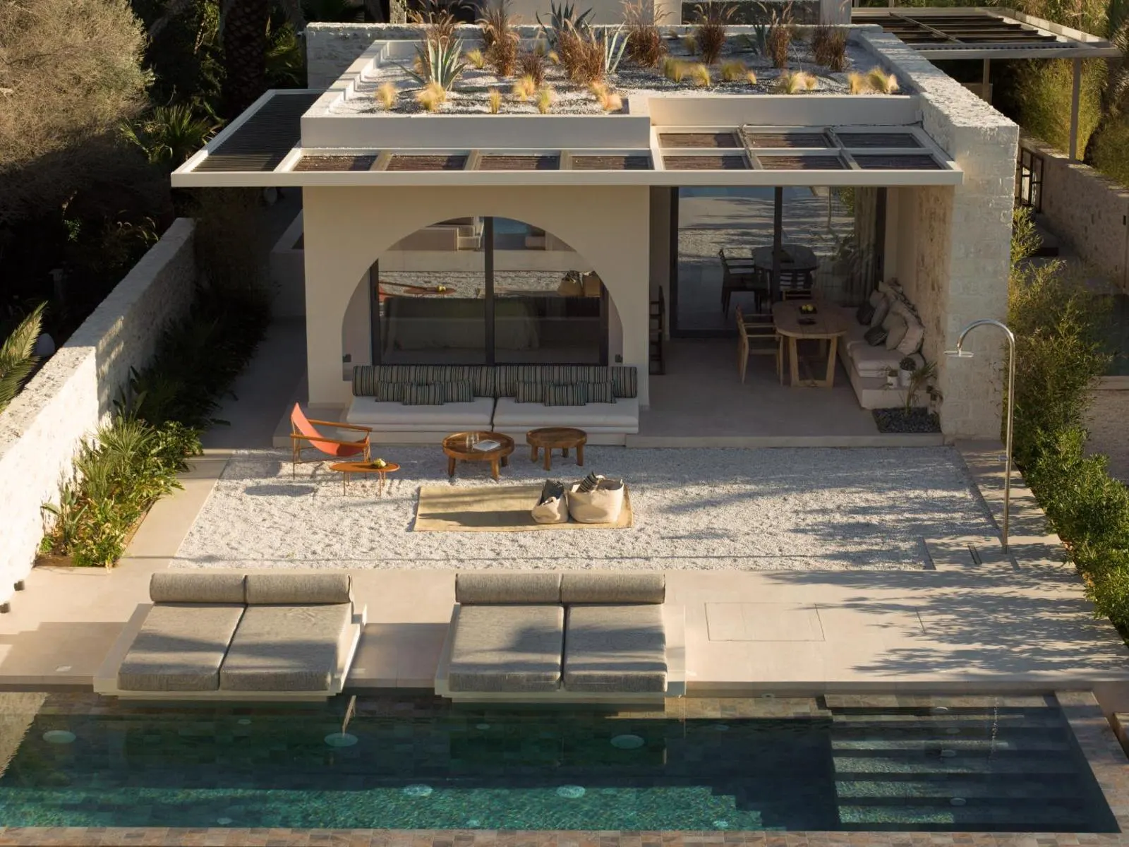 Aerial view of villa terrace and pool