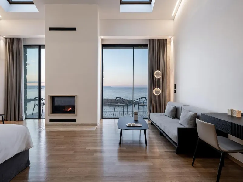 Living area with fireplace and sea view terrace