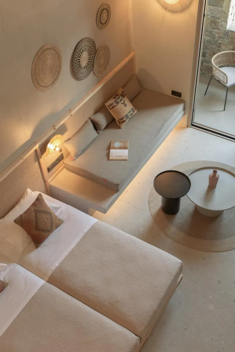Overhead view of cozy bedroom seating area