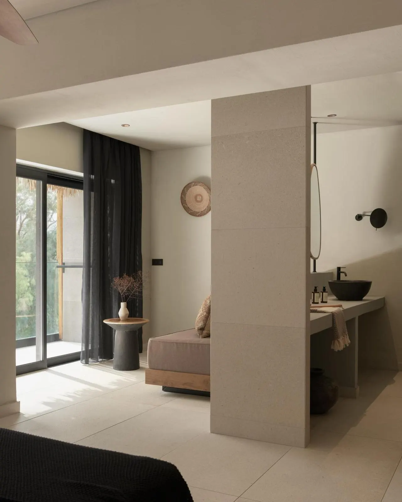 Modern hotel room with open bathroom concept
