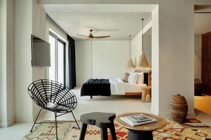 Living area with black chair and patterned rug