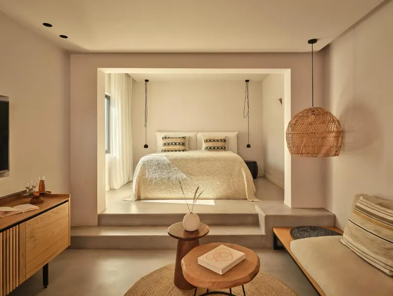 Minimalist bedroom with wooden furniture