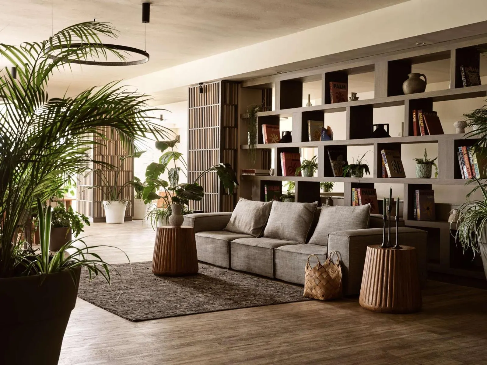 Lounge with bookshelf and plants