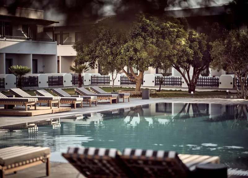 Poolside loungers surrounded by trees
