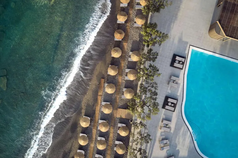 Aerial view of pool and beach umbrellas