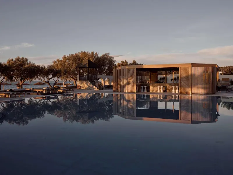 Modern pool pavilion at dusk