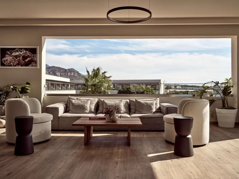 Living room with mountain view balcony