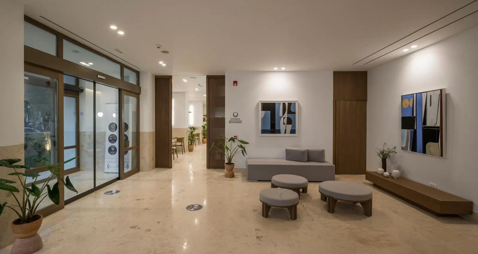 Elegant hotel lobby lounge with modern art