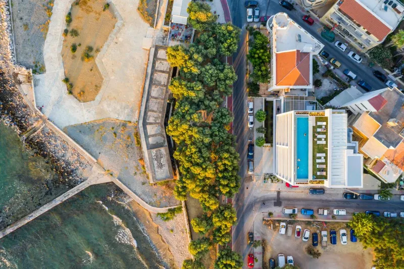 Aerial view of hotel and coastline
