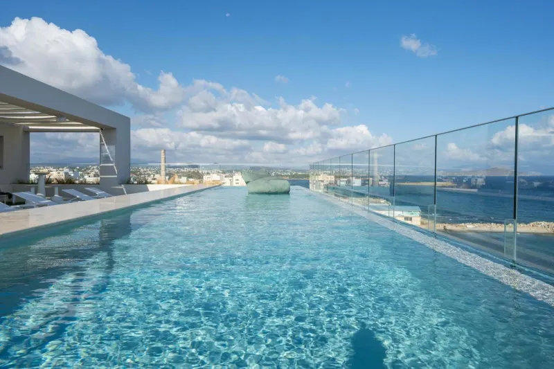 Rooftop pool with city view under blue sky