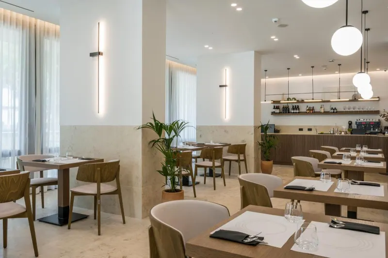 Sunlit restaurant seating area with plants