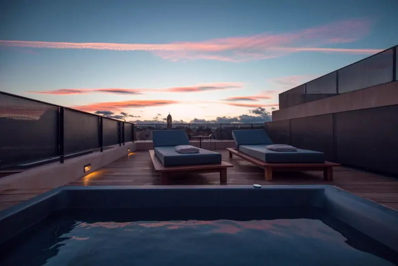 Rooftop pool loungers at sunset