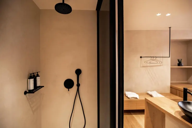 Modern bathroom shower with black fixtures