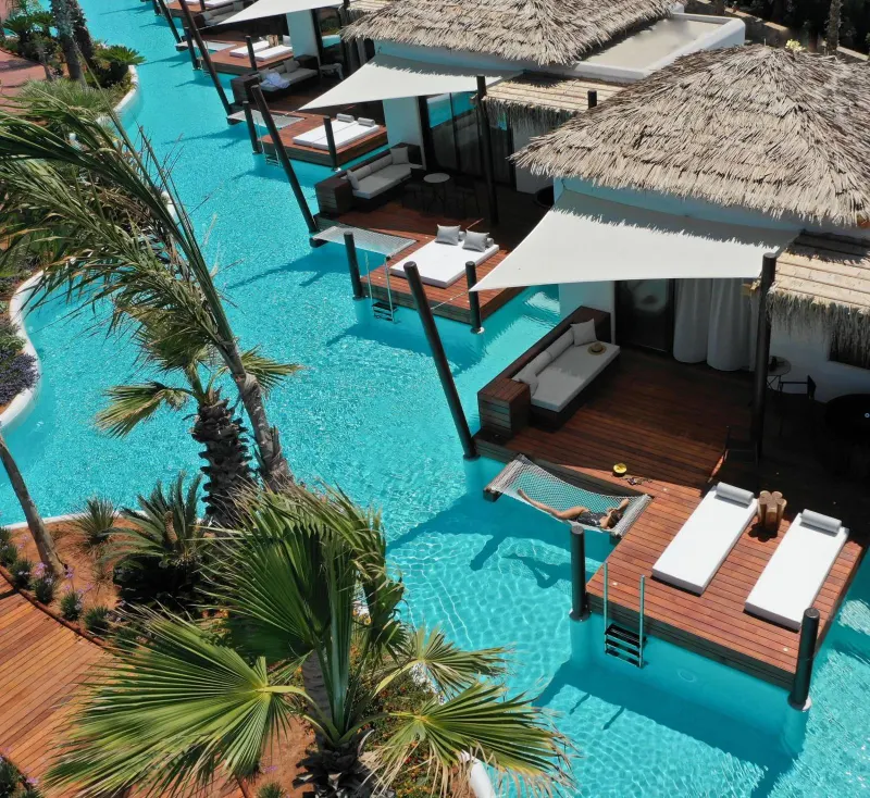 Aerial view of wooden decks along resort pool