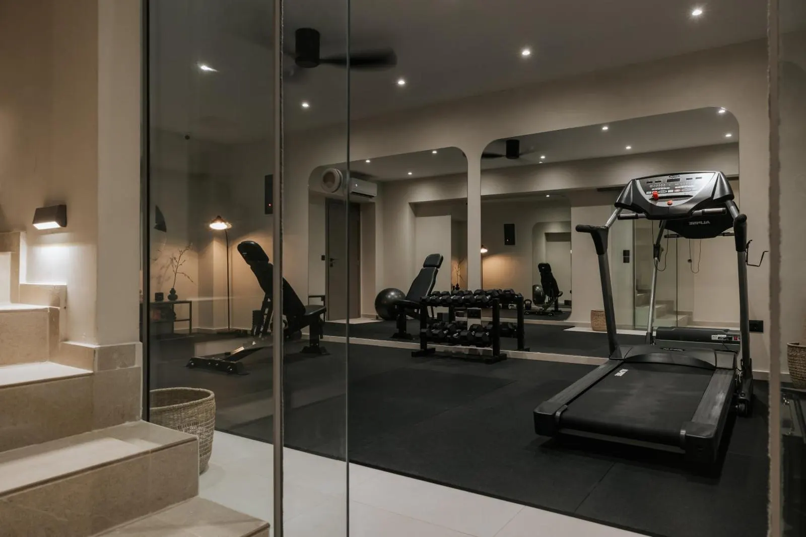 Hotel gym with treadmills and equipment