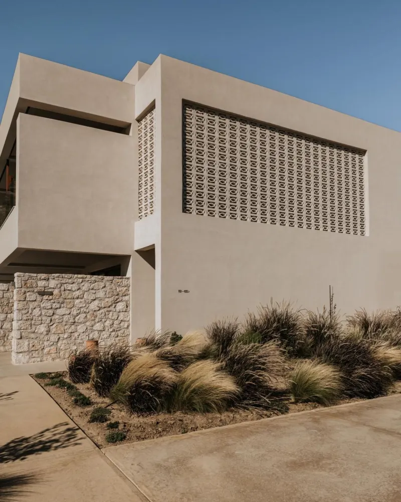 Modern building facade with patterned screen and shrubs