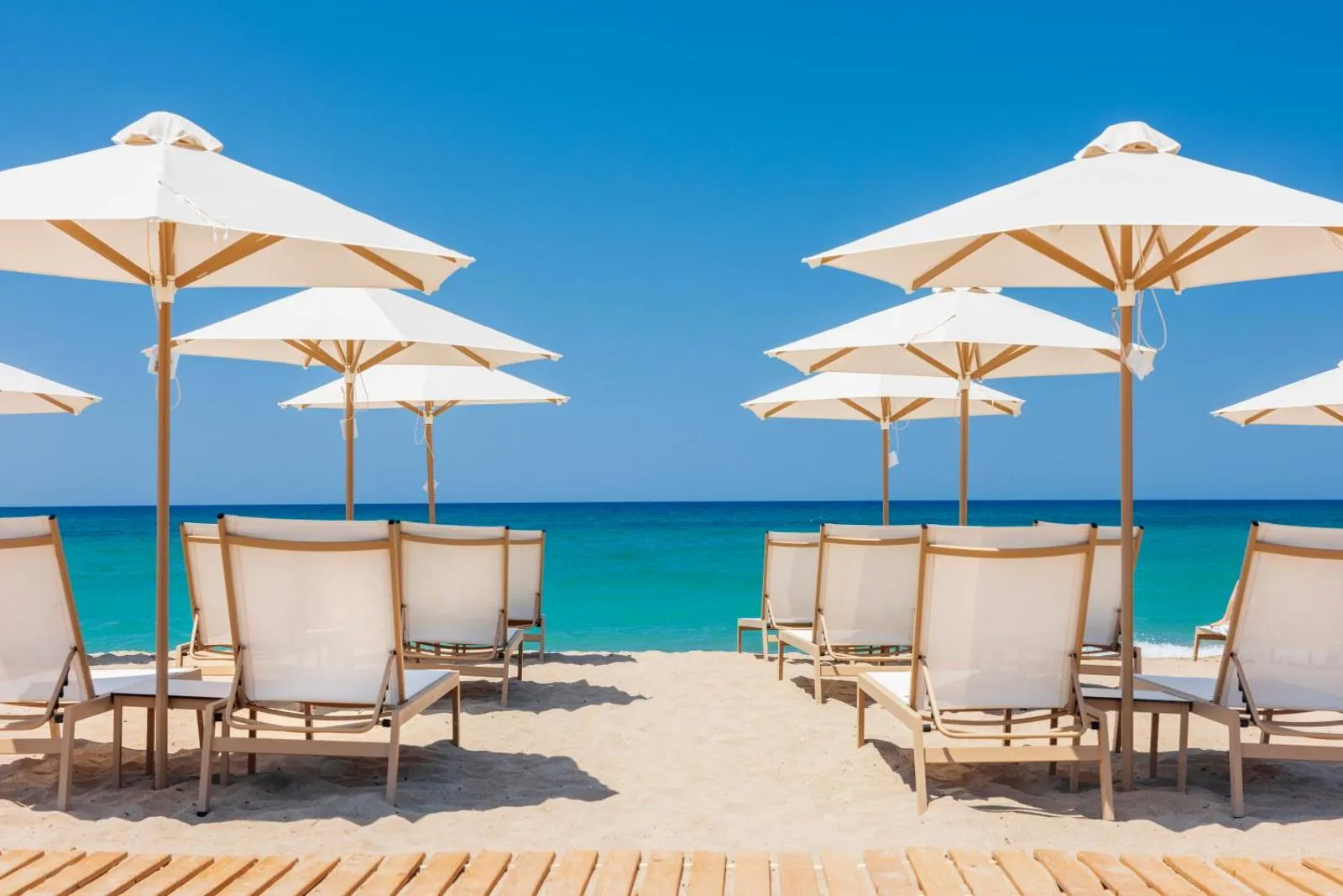 Row of beach loungers and umbrellas by sea