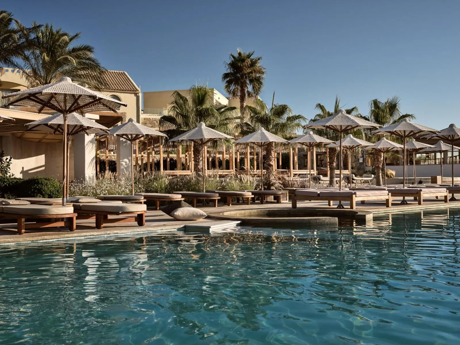 Poolside umbrellas and loungers with palm trees